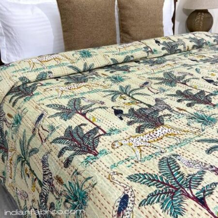 Beige African Savanna Kantha Double Bedspreads