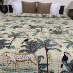 Beige African Savanna Kantha Double Bedspreads