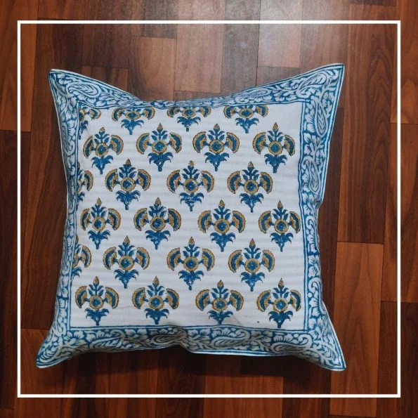 Cotton Cushion Cover Blue Floral Jaal Block Print (16x16Inch)