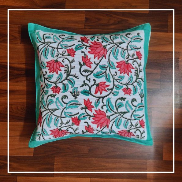 Cotton Cushion Cover Pink Floral Jaal Block Print (16x16Inch)