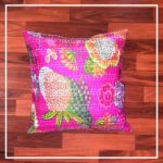 Cotton Cushion Cover Pink Floral Kantha Work (16x16Inch)