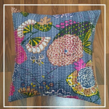 Cotton Cushion Cover Violet Floral Kantha Work (16x16Inch)