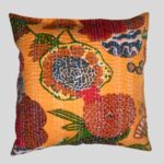 Cotton Cushion Cover Yellow Floral Kantha Work