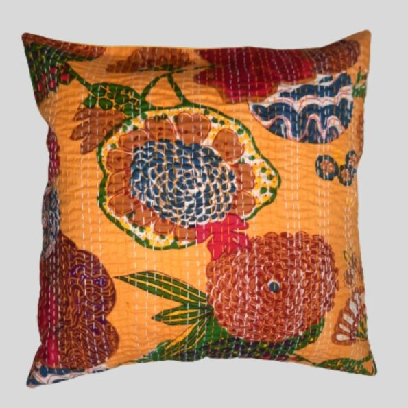 Cotton Cushion Cover Yellow Floral Kantha Work (16x16Inch)