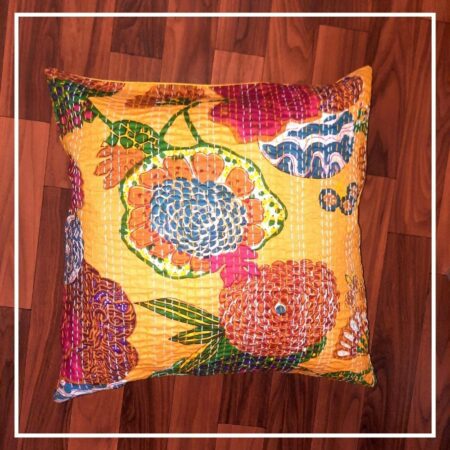 Cotton Cushion Cover Yellow Floral Kantha Work