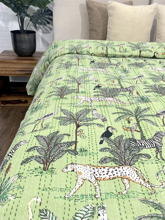 Green African Savanna Kantha Bedspreads