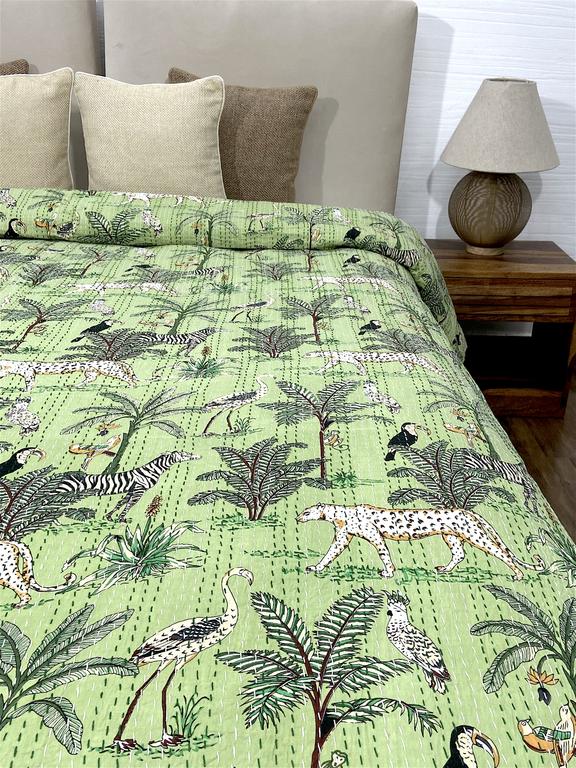Green African Savanna Kantha Double Bedspread