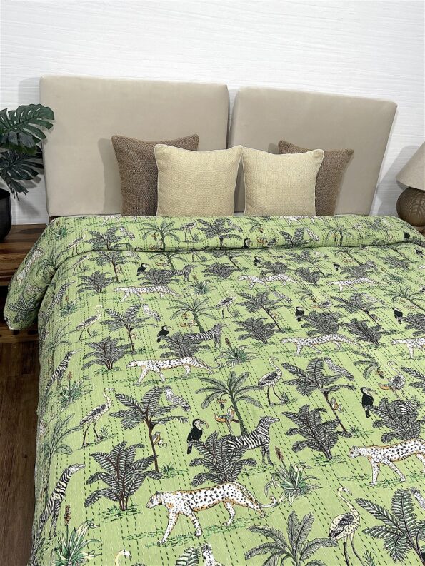 Green African Savanna Kantha handmade Bedspreads