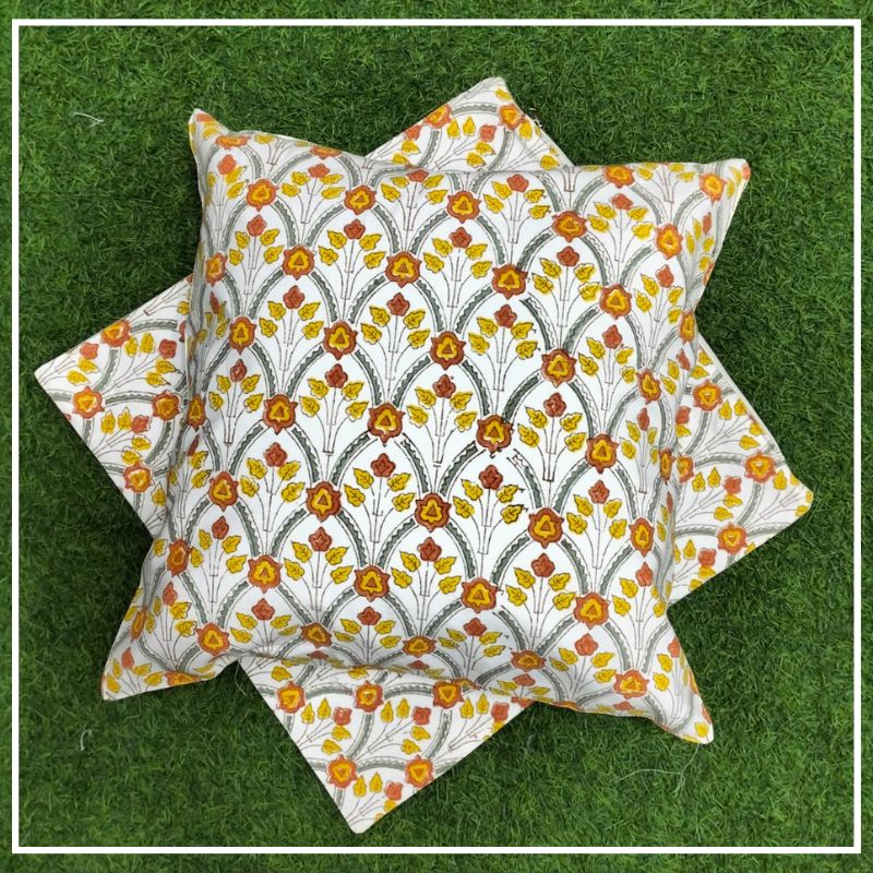 Handblock Print Yellow Floral Jaal Cushion Cover Cover Set of 2 (16x16Inch) Handblock Print Yellow Floral Jaal Cushion Cover Cover Set of 2 (16x16Inch)