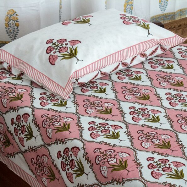 Pure Cotton Pink Green Mughal Jaali Print Single Bedsheet