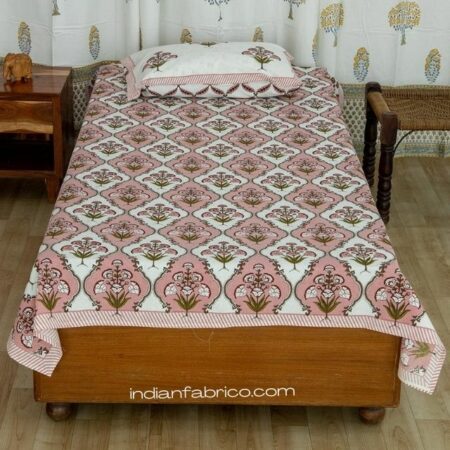 Pure Cotton Pink Green Mughal Jaali Print Single Bedsheet with Single Pillow Covers