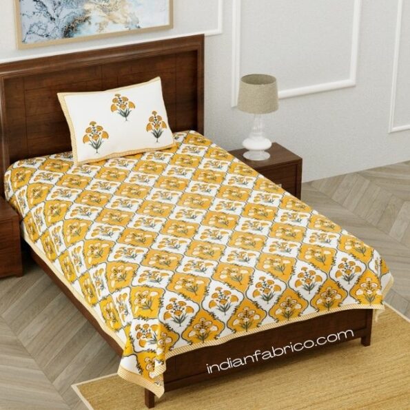 Pure Cotton Yellow Green Mughal Jaali Print Single Bedsheet