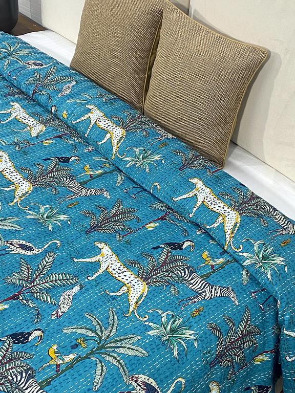Turquoise African Savanna Kantha Bedspreads