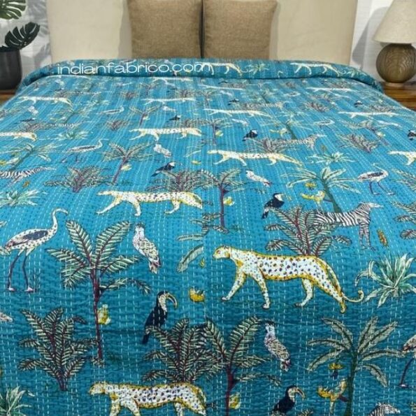 Turquoise African Savanna Kantha Double Bedspread