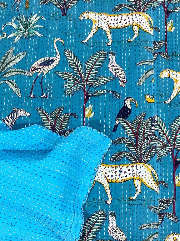 Turquoise African Savanna Kantha Double Bedspreads Sideview