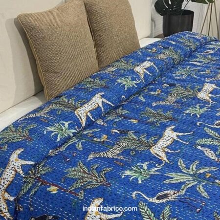 Dark Blue African Savanna Kantha Double Bedspreads