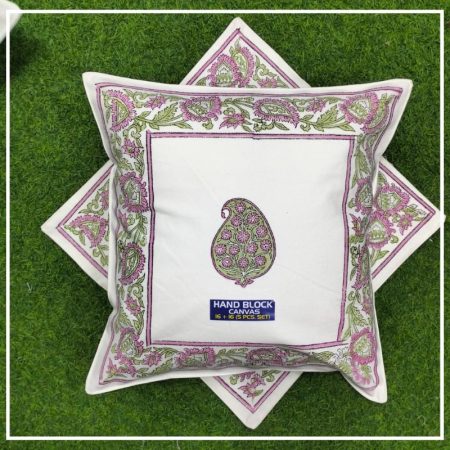 Handblock Print Green Floral Cushion Cover Cover Set of 2 (16x16Inch)