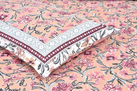 Pink Floral leaves Cream Double Bedsheet