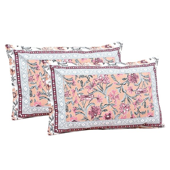 Pink Floral leaves Cream Double Bedsheet Pillow Covers