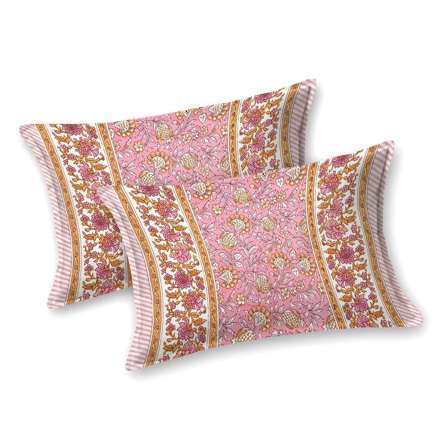 Pink Floral leaves Cream Double Bedsheet Two Pillow Covers