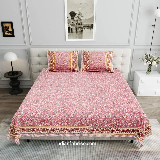 Pink Floral leaves Cream Double Bedsheet with Two Pillow Covers