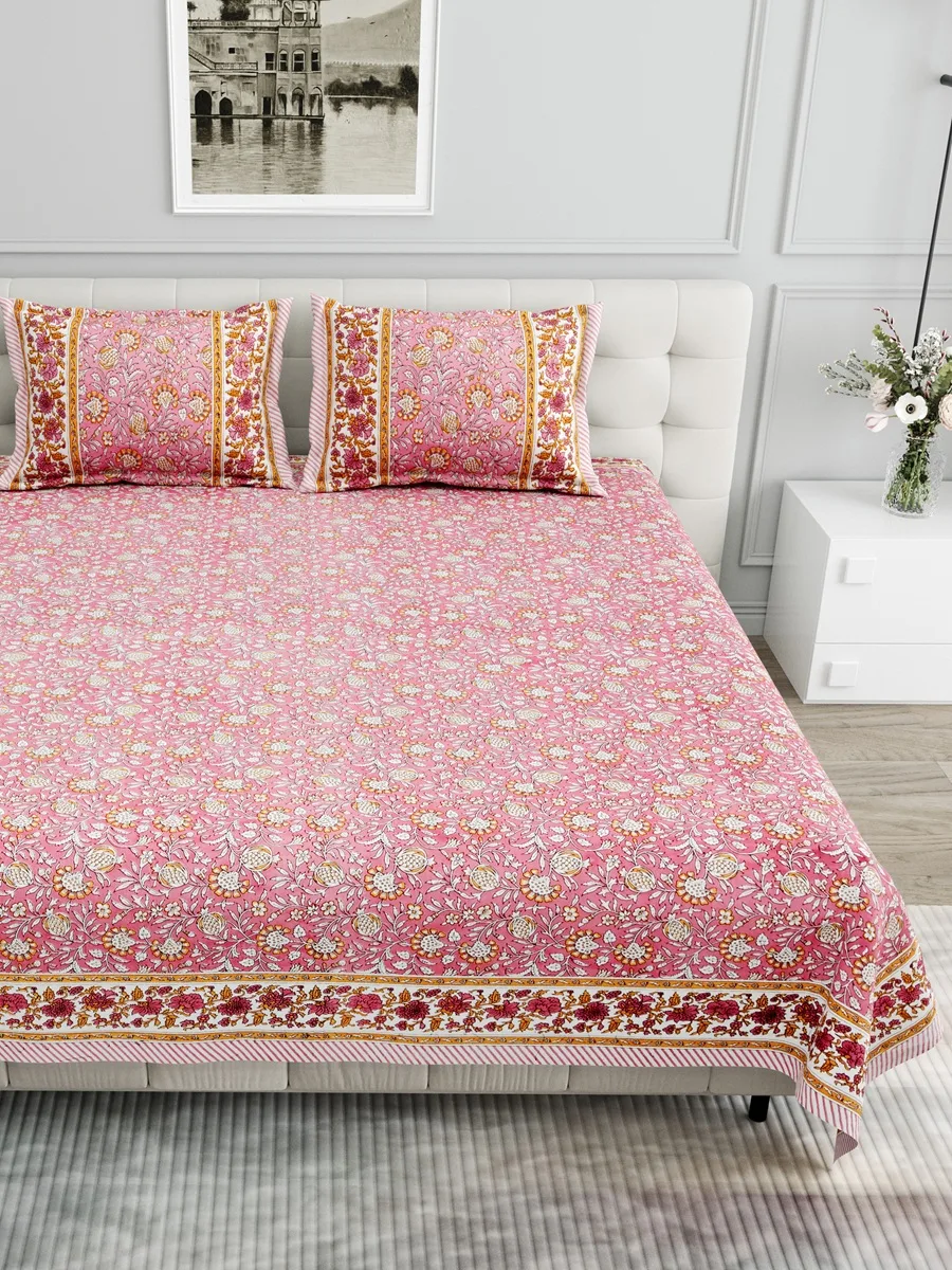 Pink Floral leaves Cream Double Bedsheet