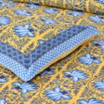 Yellow base Blue Floral Print Double Bedsheet with Two Pillow Covers