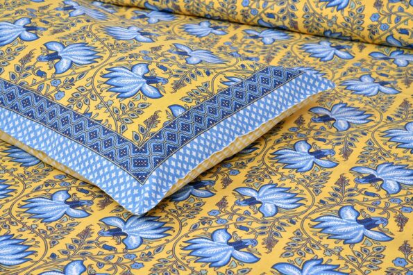 Yellow base Blue Floral Print Double Bedsheet Sideview
