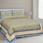 Yellow base Blue Floral Print Double Bedsheet with Two Pillow Covers