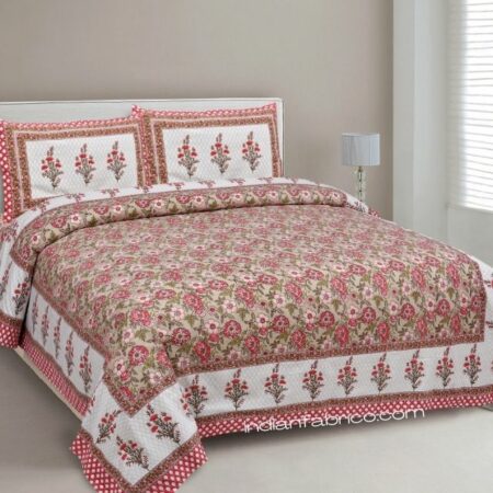 Beautiful Red Floral Print Double Bedsheet with Two Pillow Covers