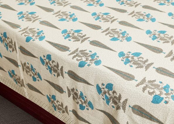 Ethnic Jaipuri Blue Grey Floral Boota Print King Size Bedsheet (108×108)