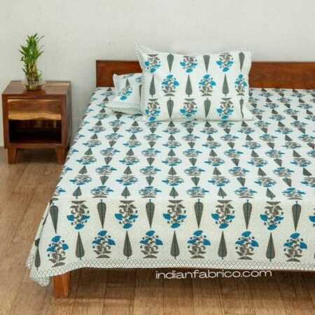 Ethnic Jaipuri Blue Grey Floral Boota Print King Size Bedsheet (108x108)