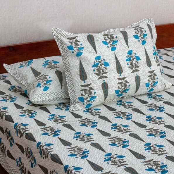 Ethnic Jaipuri Blue Grey Floral Boota Print King Size Bedsheet Sideview