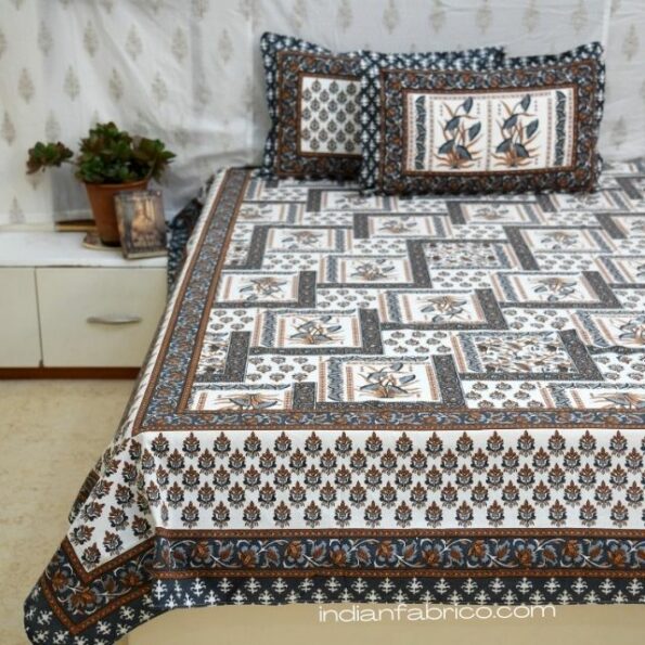 Ethnic Jaipuri Grey Flowery Square Print King Size Bedsheet