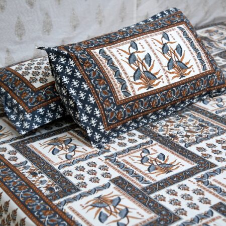 Ethnic Jaipuri Grey Flowery Square Print King Size Bedsheet Sideview