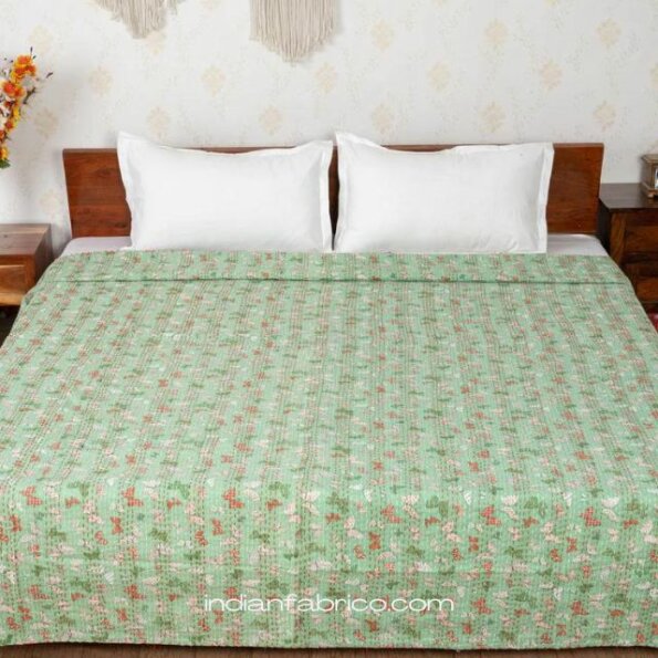 Beautiful Green Base Butterflies Printed Kantha Double Bedspread