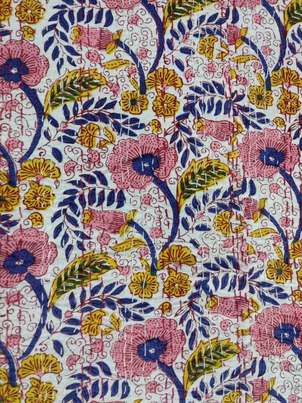 Beautiful Pink Floral Kantha Double Bedcover Closeup