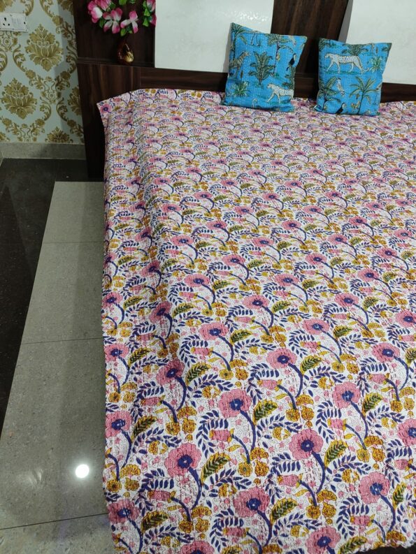 Beautiful Pink Floral Kantha Double Bedcovers