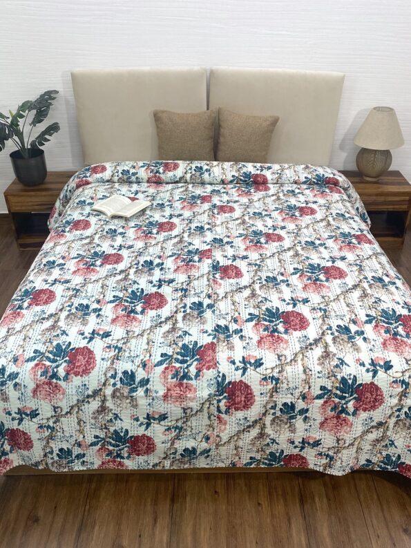 Beautiful White Base Floral Kantha Double Bedspreads Side view (2)