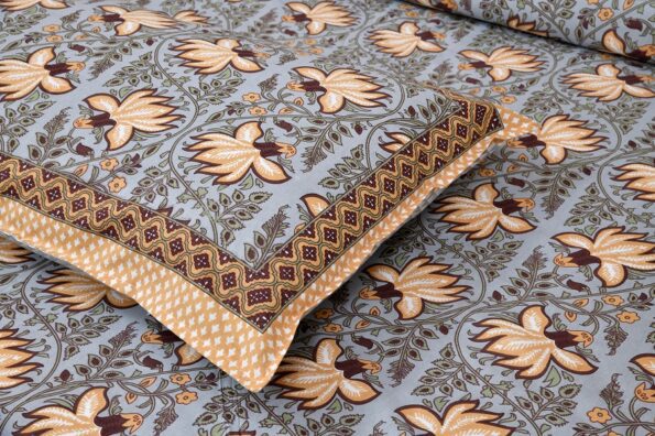 Grey base Brown Floral Print Double Bedsheet