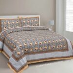 Grey base Brown Floral Print Double Bedsheet with Two Pillow Covers
