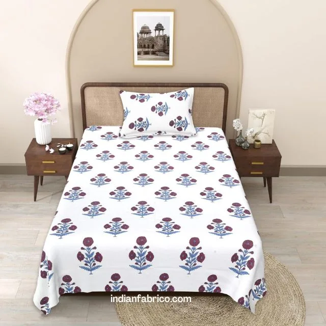 Pink Floral leaves Cream Base Single Bedsheet