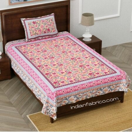 Pink Floral leaves Cream Base Single Bedsheet