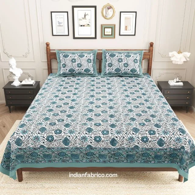 Skyblue Floral Print Double Bedsheet with Two Pillow Covers