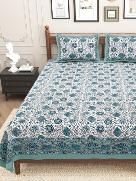 Skyblue Floral Print Double Bedsheets