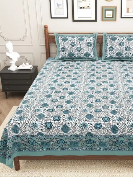 Skyblue Floral Print Double Bedsheets