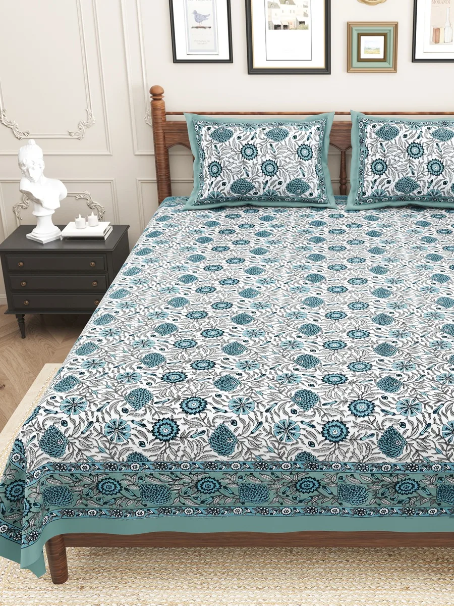 Skyblue Floral Print Double Bedsheets