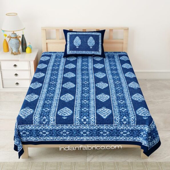 Beautiful Blue Dabu Print Motif Print Single Bedsheet