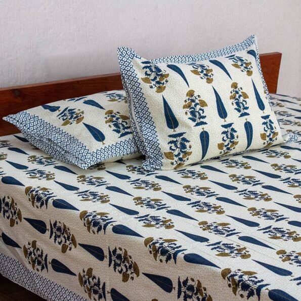 Beautiful Blue Floral Boota Print Double Bedsheet