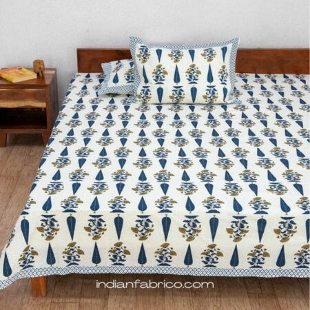Beautiful Blue Floral Boota Print Double Bedsheet with Two Pillow Covers